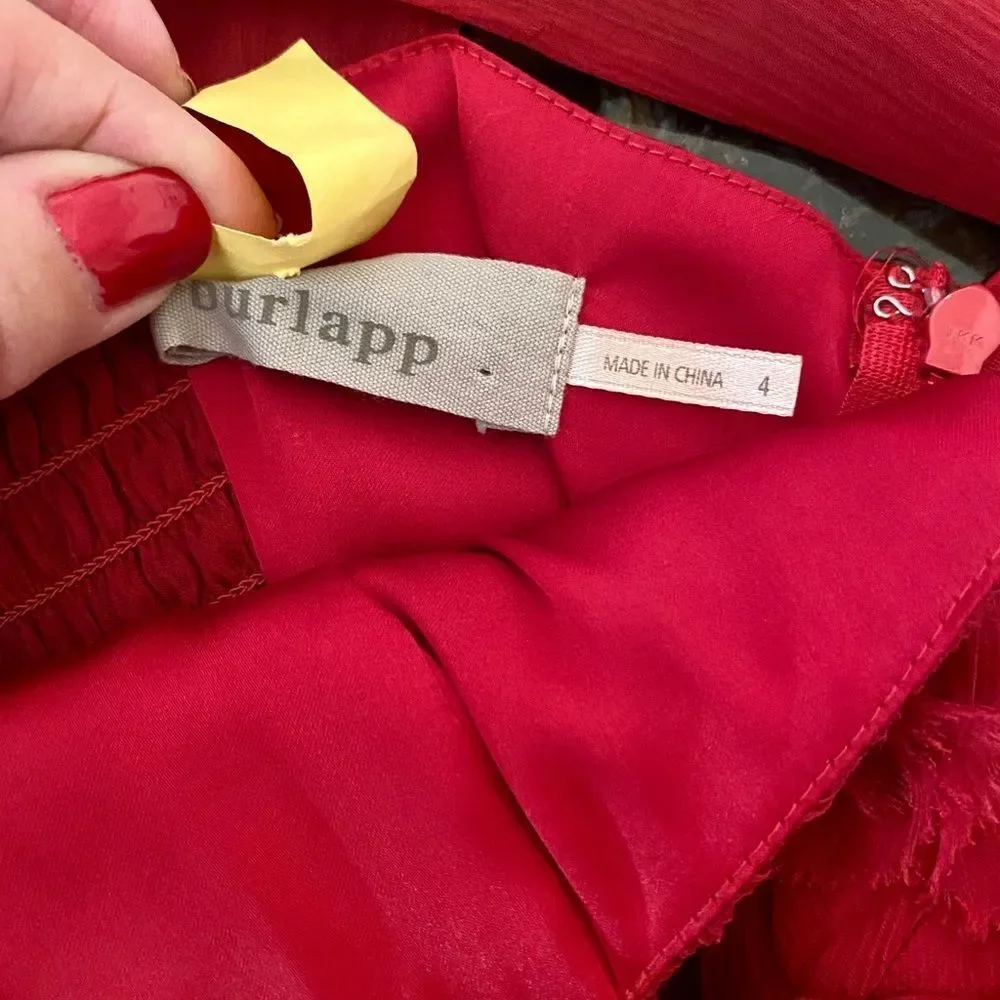 Burlapp Sz 4 💯 Silk Rosette Limed Red Dress - Picture 3 of 13